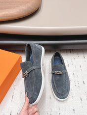 HM 26S KELLY PARIS LOAFERS IN BLUE GREY SUEDE SILVER HARDWARE