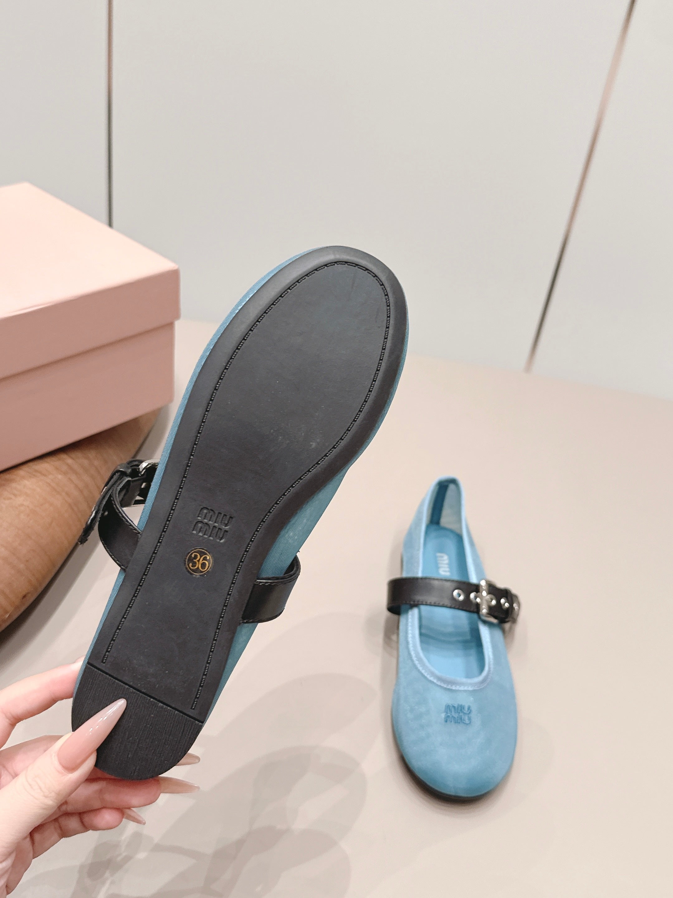 MIUMIU 26S BALLERINAS IN BLUE MESH AND BLACK CALFSKIN