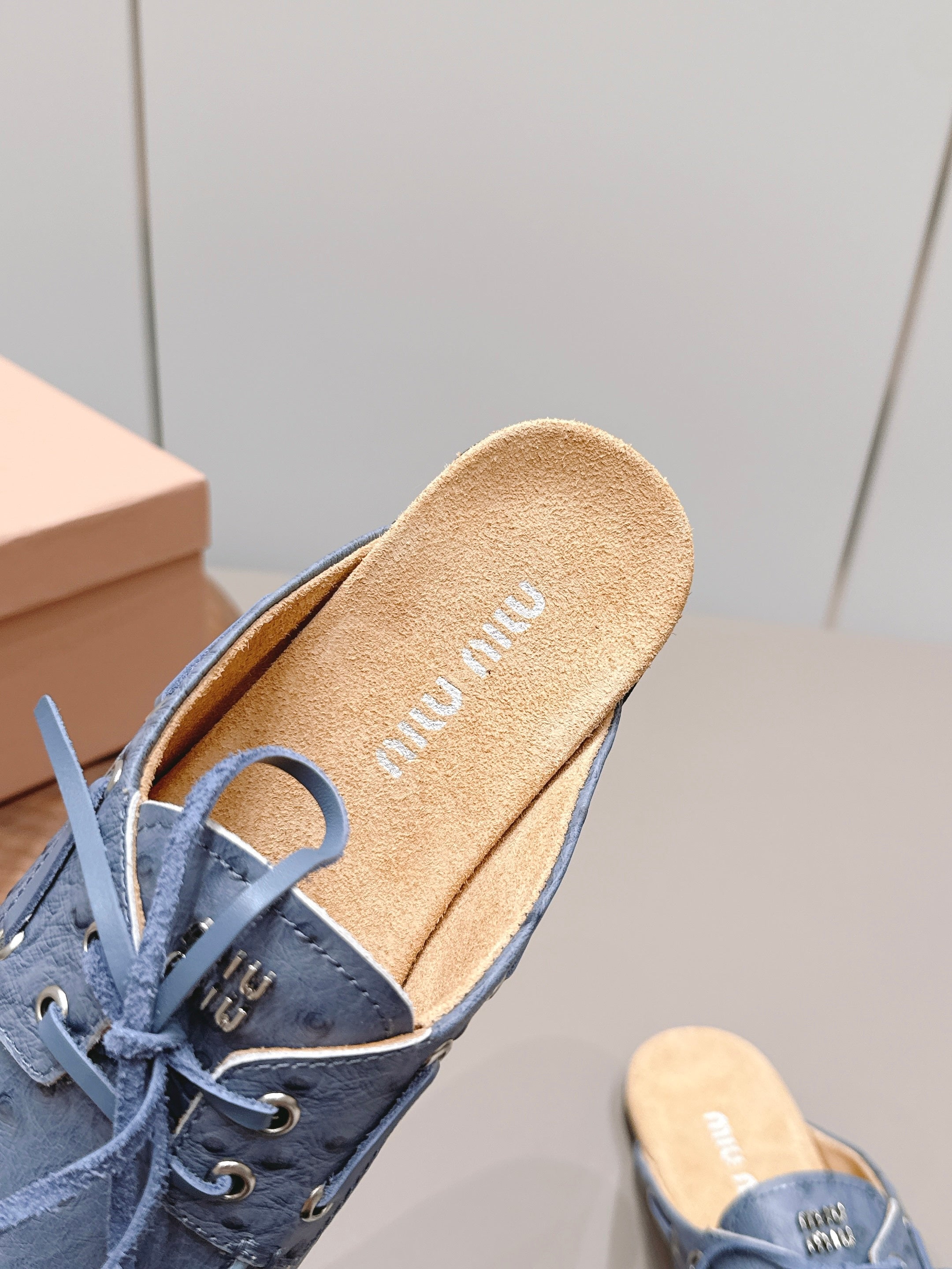 MIUMIU 26S LOAFER MULES IN BLUE CALFSKIN