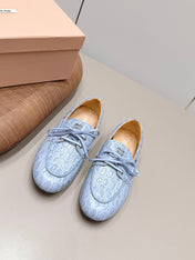 MIUMIU 26S BOAT SHOES IN BLUE EMBOSSED CALFSKIN