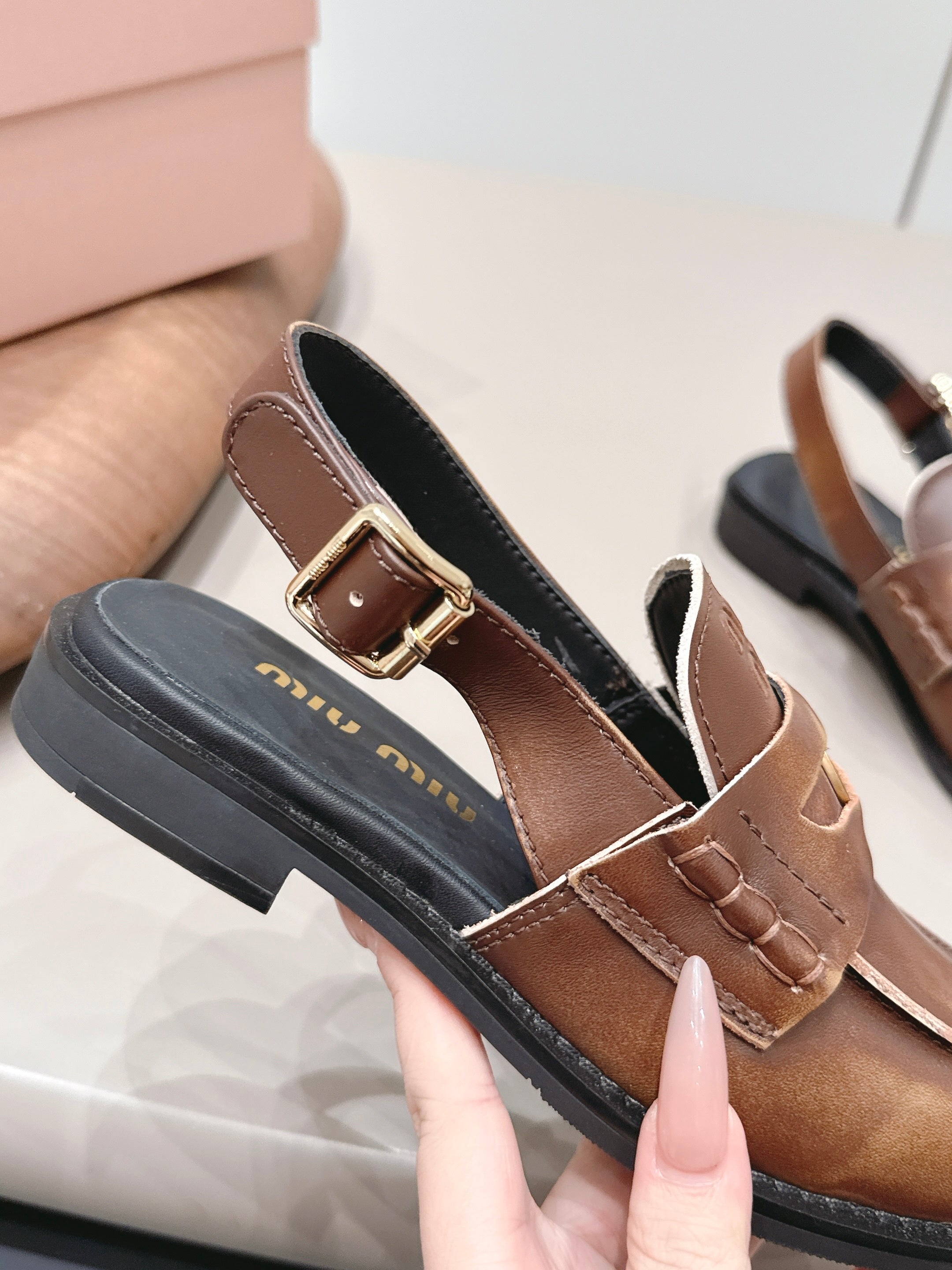 MIUMIU 26S PENNY SLINGBACK LOAFERS IN BROWN CALFSKIN GOLD HARDWARE