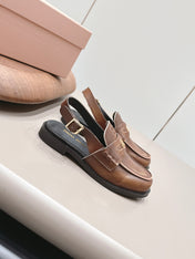 MIUMIU 26S PENNY SLINGBACK LOAFERS IN BROWN CALFSKIN GOLD HARDWARE