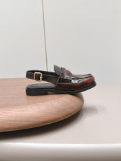 MIUMIU 26S PENNY SLINGBACK LOAFERS IN BURGUNDY RED CALFSKIN GOLD HARDWARE
