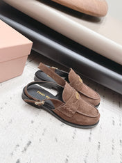 MIUMIU 26S PENNY SLINGBACK LOAFERS IN DARK BROWN SUEDE GOLD HARDWARE