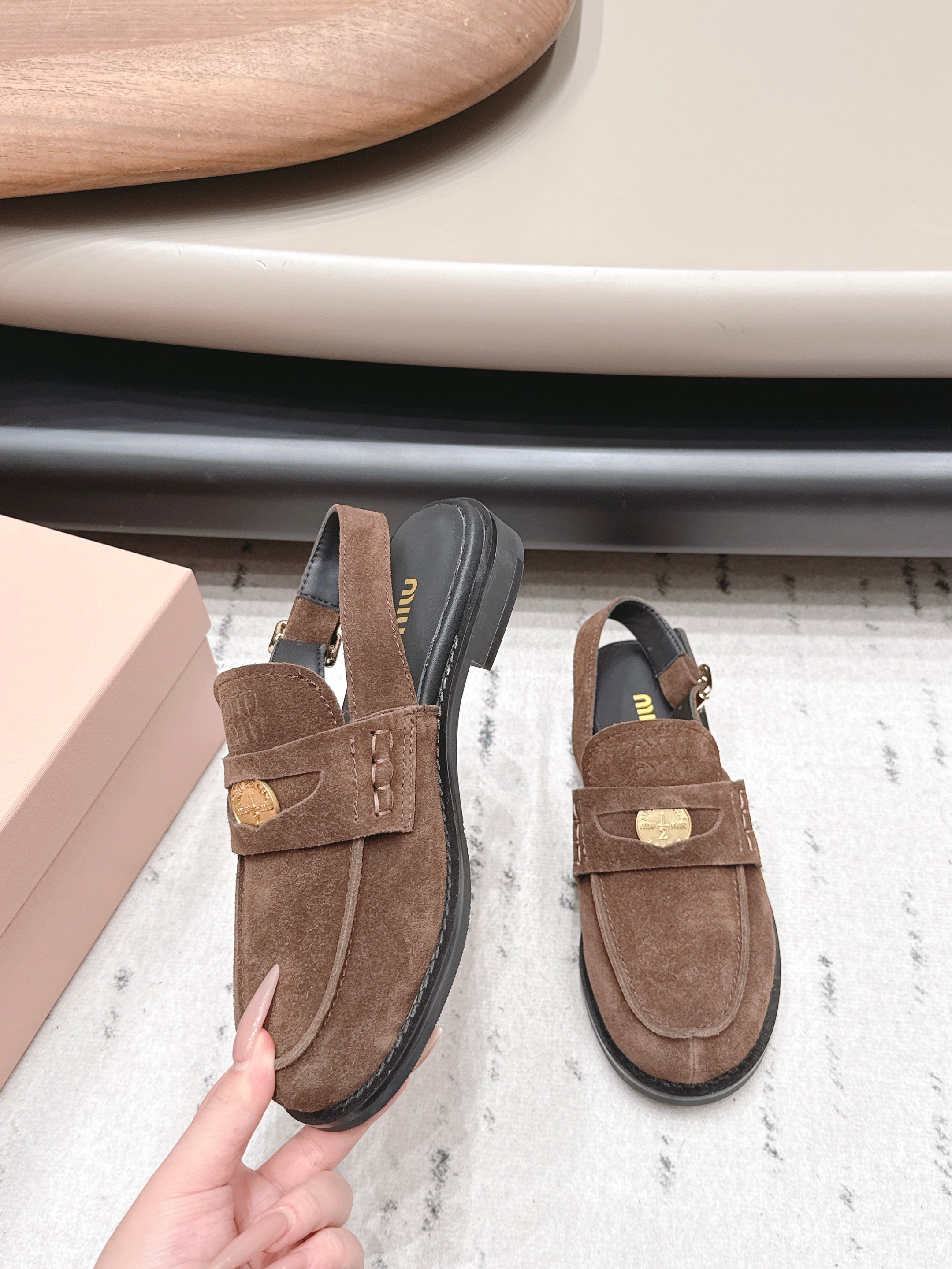 MIUMIU 26S PENNY SLINGBACK LOAFERS IN DARK BROWN SUEDE GOLD HARDWARE