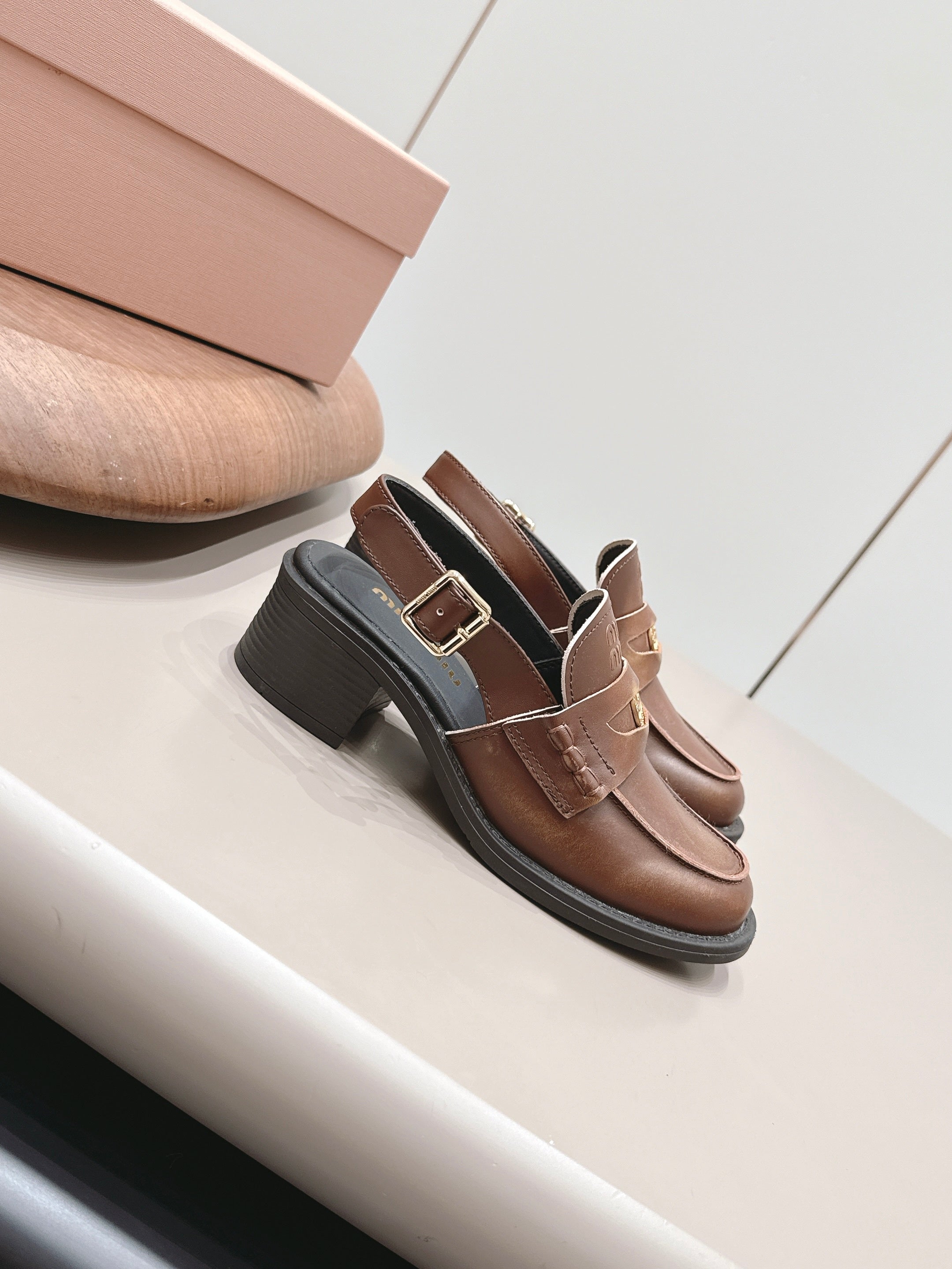 MIUMIU 26S BLOCK HEEL PENNY SLINGBACK LOAFERS 50MM IN BROWN CALFSKIN
