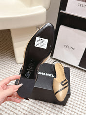 CHANEL 26S SLINGBACK FLATS IN BEIGE CALFSKIN WITH BLACK TRIM