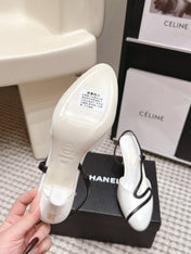 CHANEL 26S HIGH-HEEL SLINGBACKS IN WHITE CALFSKIN WITH BLACK TRIM