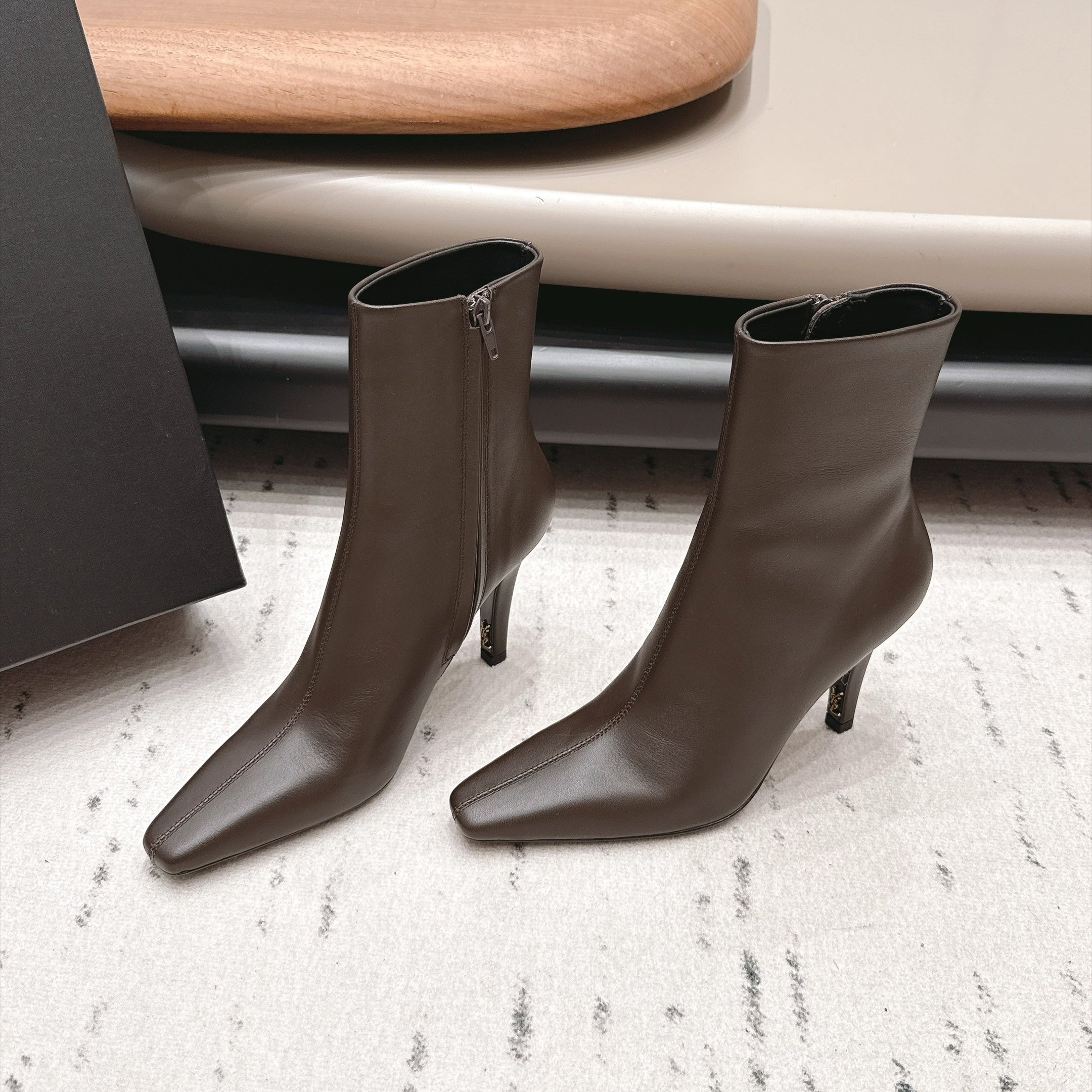 YSL 26S ANKLE BOOTS 80 MM IN TAUPE BROWN CALFSKIN