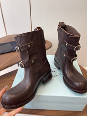 PRADA 25S TWO-BUTTON COWBOY BOOTS IN DARK BROWN CALFSKIN WITH SILVER HARDWARE