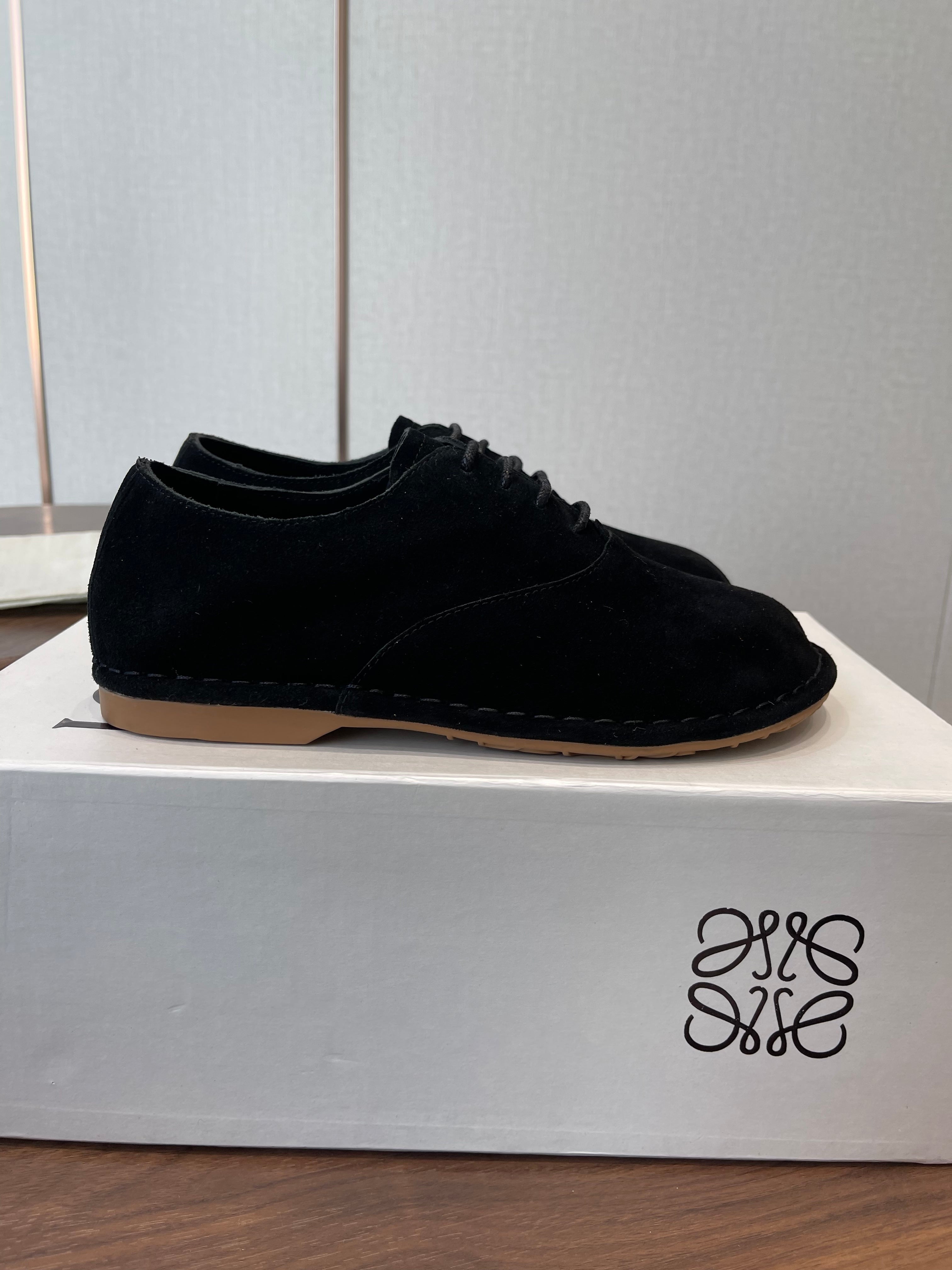 LOEWE 26S FOLIO DERBY SHOES IN BLACK SUEDE