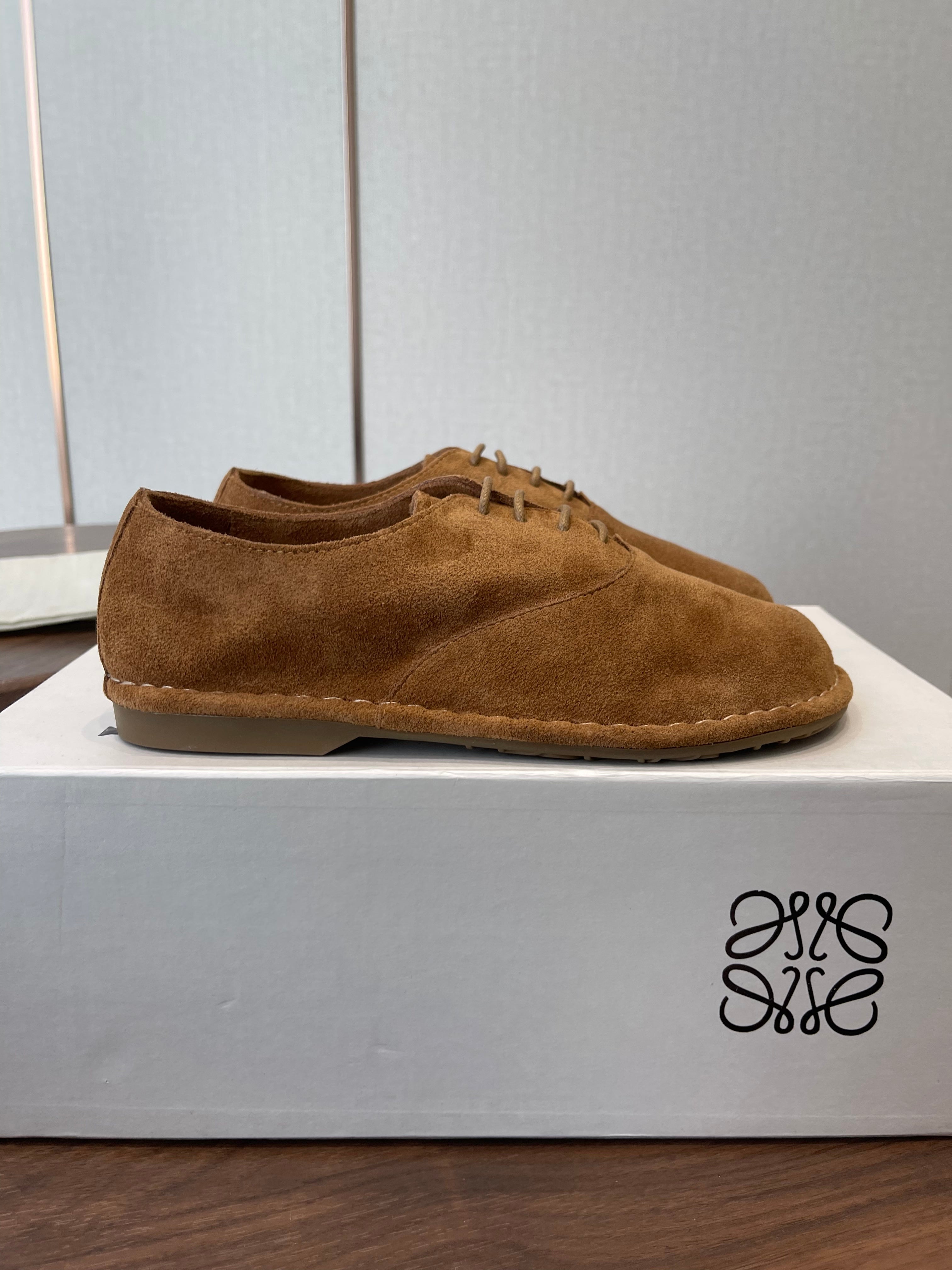 LOEWE 26S FOLIO DERBY SHOES IN DARK BROWN SUEDE