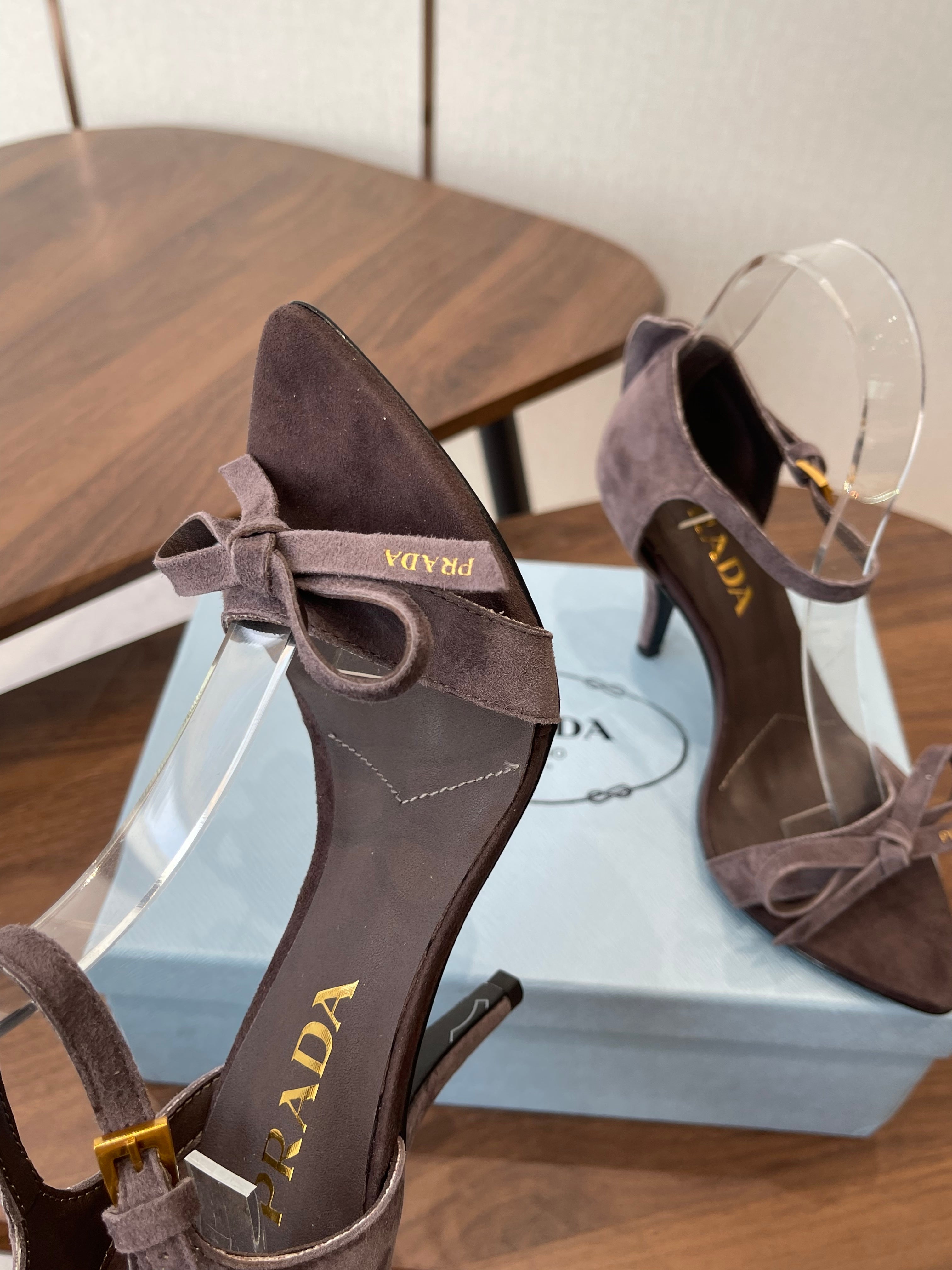 PRADA 26S HIGH HEEL SANDALS 85MM IN DARK BROWN SUEDE WITH BOW