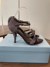 PRADA 26S HIGH HEEL SANDALS 85MM IN DARK BROWN SUEDE WITH BOW