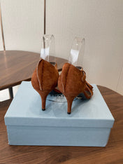 PRADA 26S HIGH HEEL SANDALS 85MM IN CARAMEL BROWN SUEDE WITH BOW