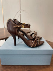 PRADA 26S HIGH HEEL SANDALS 85MM IN CHOCOLATE BROWN CALFSKIN WITH BOW