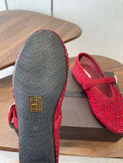 ALAIA 26S MESH FLATS IN DARK RED SUEDE RHINESTONE-EMBELLISHED