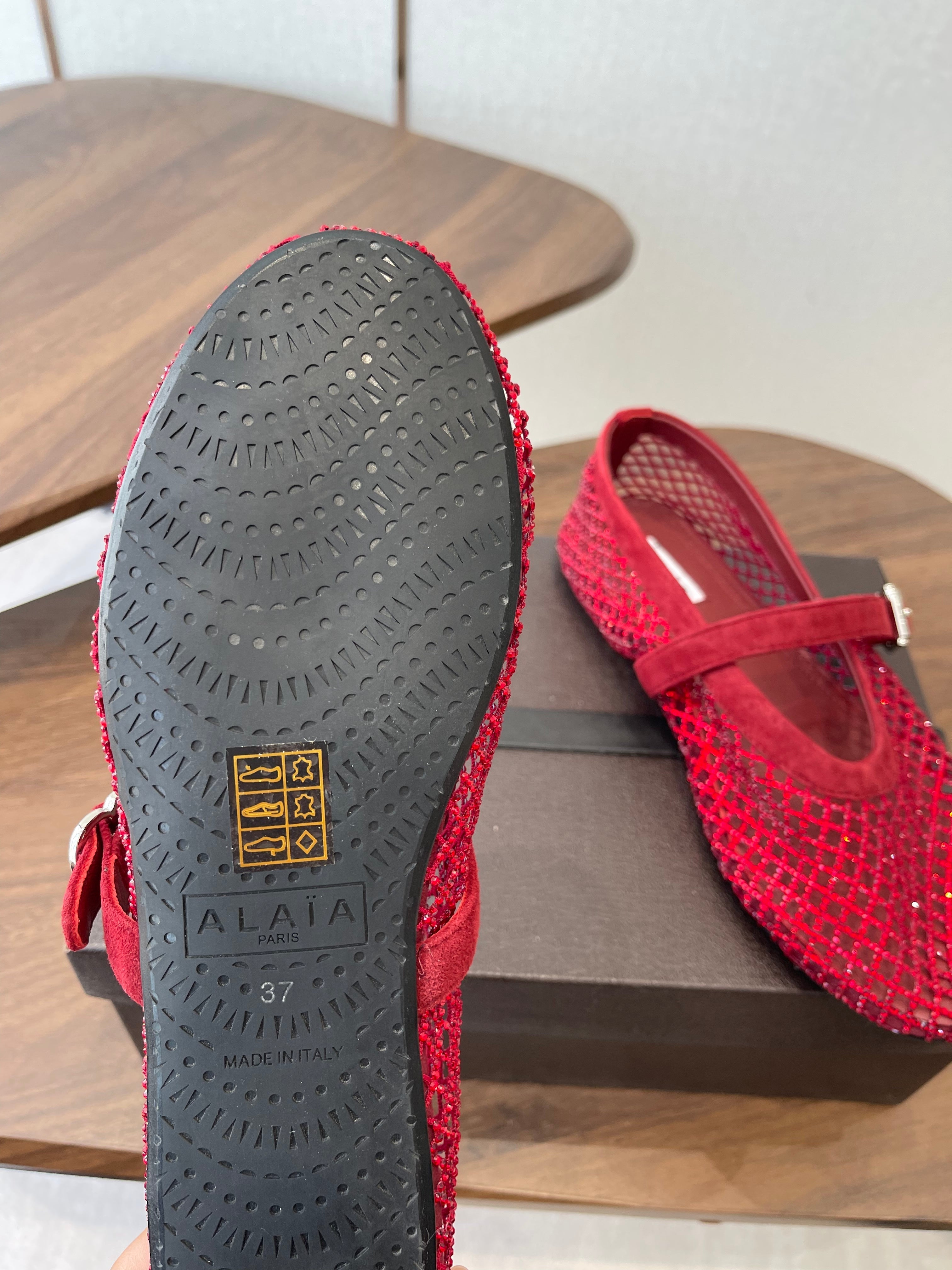 ALAIA 26S MESH FLATS IN DARK RED SUEDE RHINESTONE-EMBELLISHED