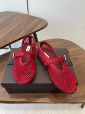 ALAIA 26S MESH FLATS IN DARK RED SUEDE RHINESTONE-EMBELLISHED