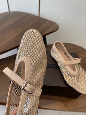 ALAIA 26S MESH FLATS IN BEIGE SUEDE RHINESTONE-EMBELLISHED