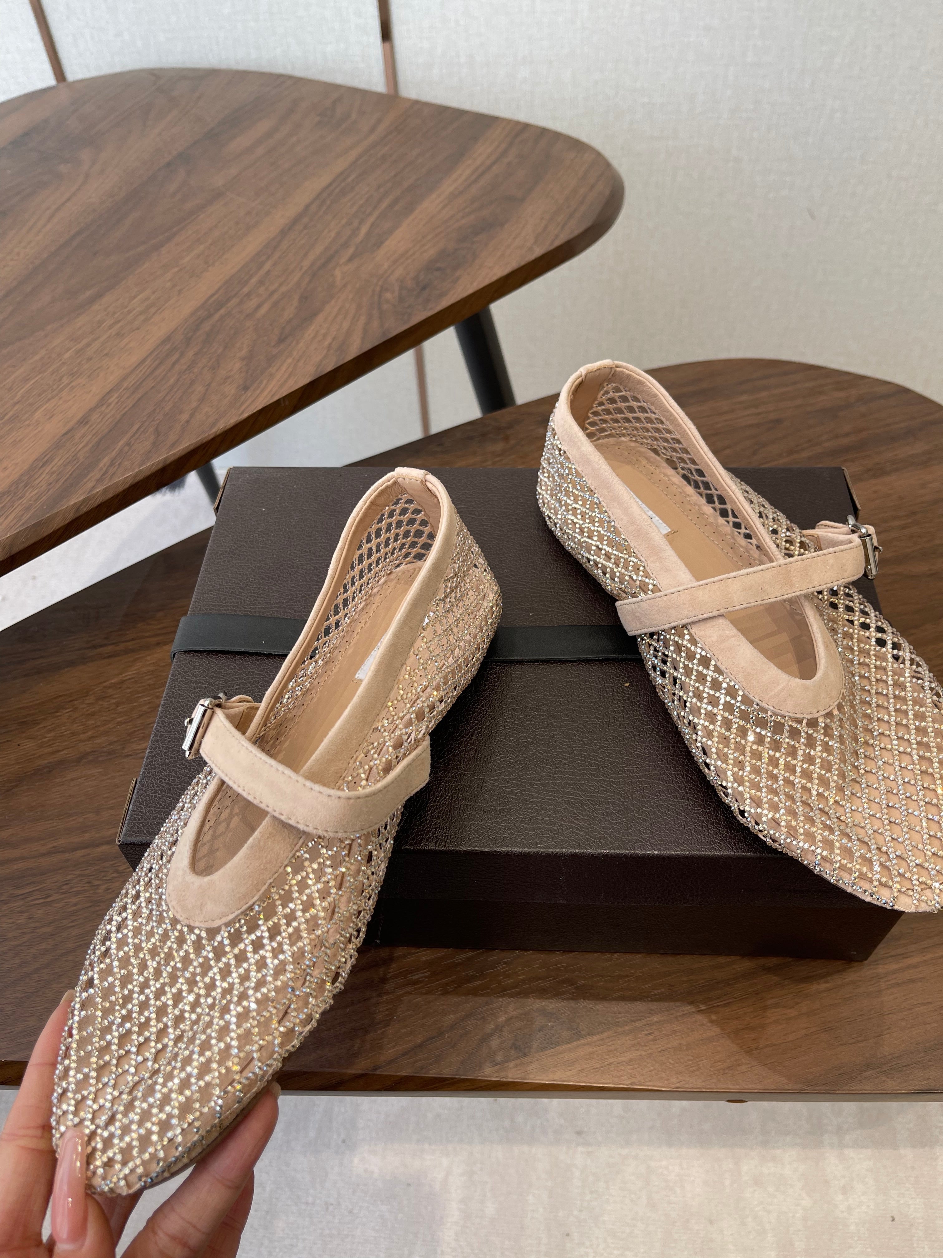 ALAIA 26S MESH FLATS IN BEIGE SUEDE RHINESTONE-EMBELLISHED