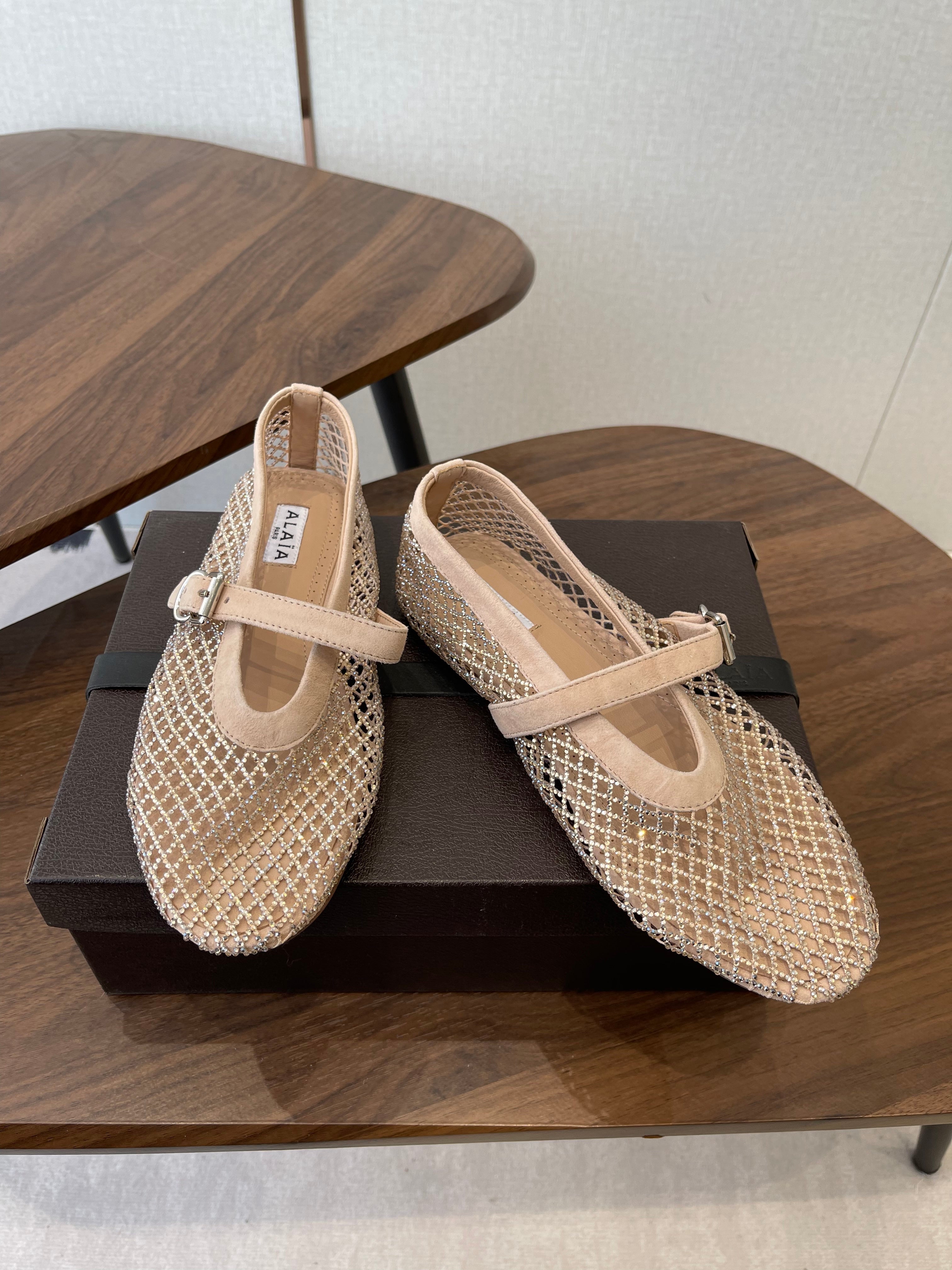 ALAIA 26S MESH FLATS IN BEIGE SUEDE RHINESTONE-EMBELLISHED