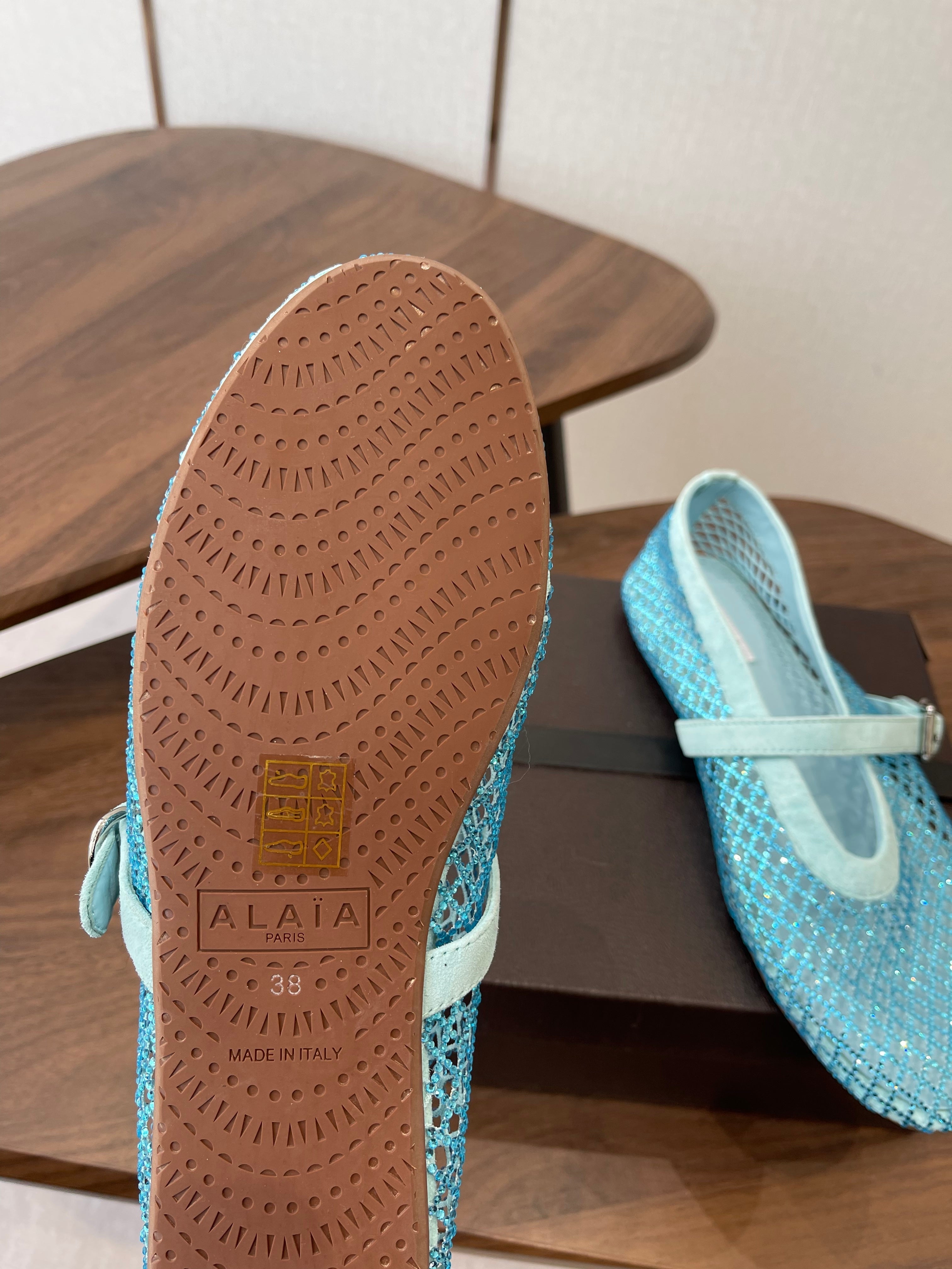 ALAIA 26S MESH FLATS IN BLUE SUEDE RHINESTONE-EMBELLISHED