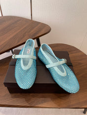 ALAIA 26S MESH FLATS IN BLUE SUEDE RHINESTONE-EMBELLISHED