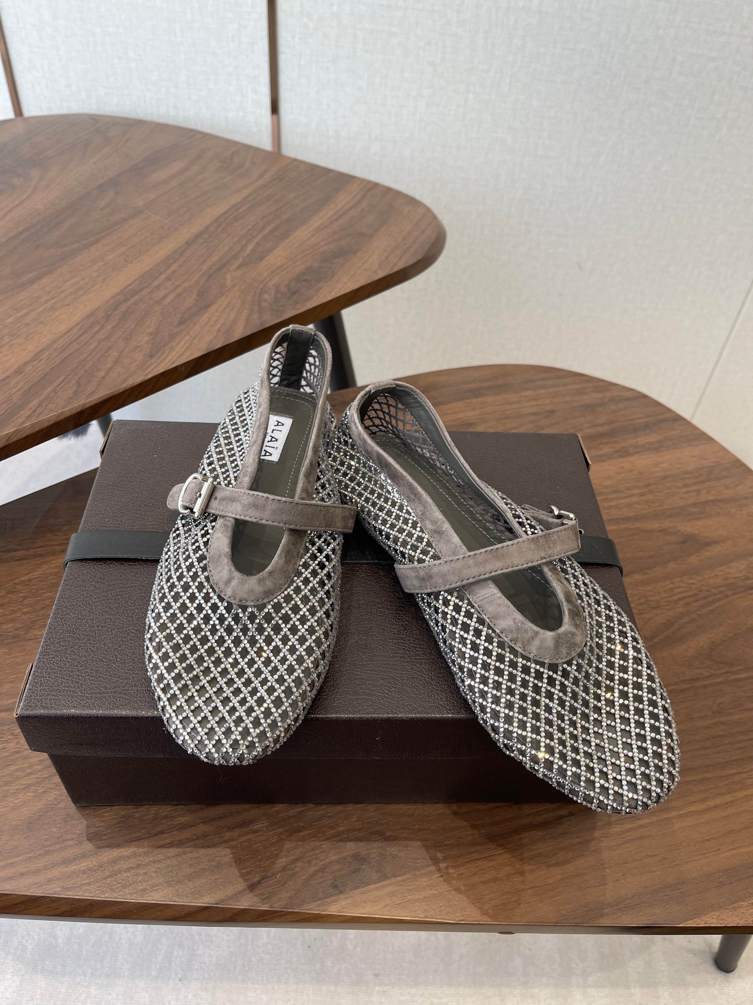 ALAIA 26S MESH FLATS IN BROWN GREY SUEDE RHINESTONE-EMBELLISHED