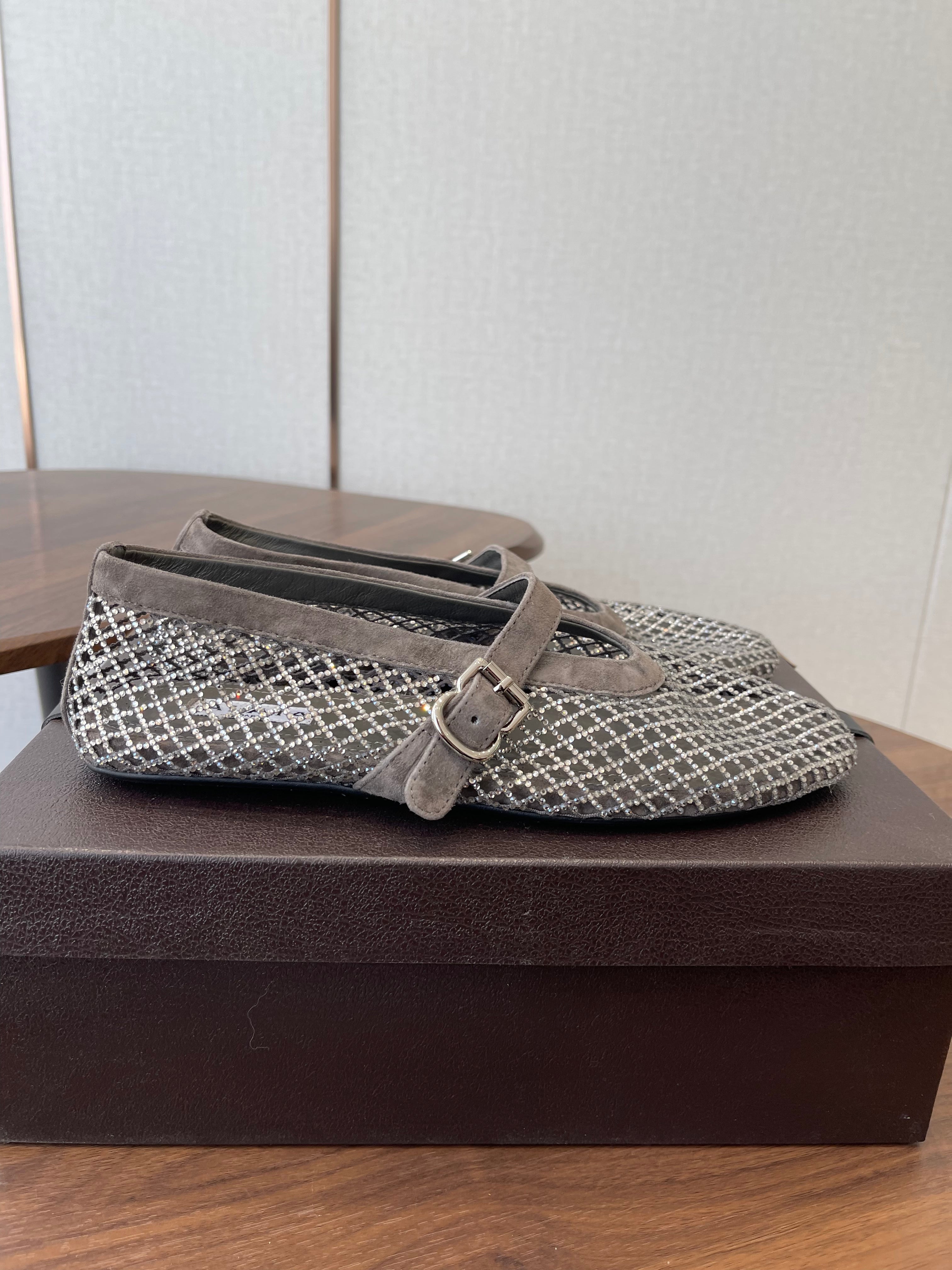 ALAIA 26S MESH FLATS IN BROWN GREY SUEDE RHINESTONE-EMBELLISHED