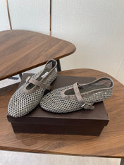 ALAIA 26S MESH FLATS IN BROWN GREY SUEDE RHINESTONE-EMBELLISHED