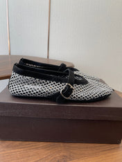 ALAIA 26S MESH FLATS IN BLACK SUEDE AND WHITE RHINESTONE-EMBELLISHED