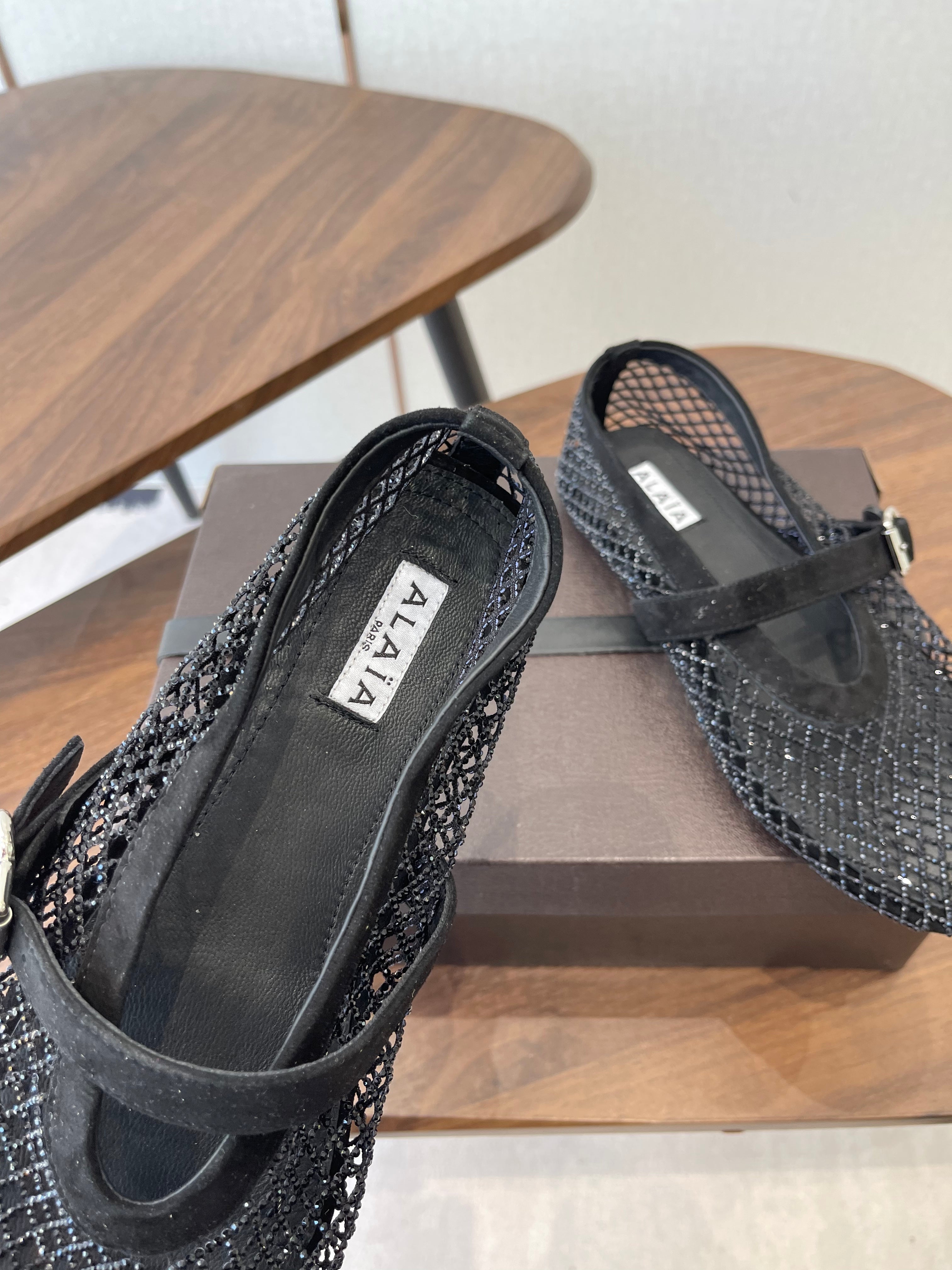 ALAIA 26S MESH FLATS IN BLACK SUEDE RHINESTONE-EMBELLISHED