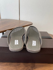 ALAIA 26S FLAT MULES IN DARK GREY SUEDE AND MESH RHINESTONE-EMBELLISHED
