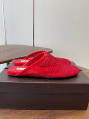 ALAIA 26S FLAT MULES IN RED SUEDE AND MESH RHINESTONE-EMBELLISHED
