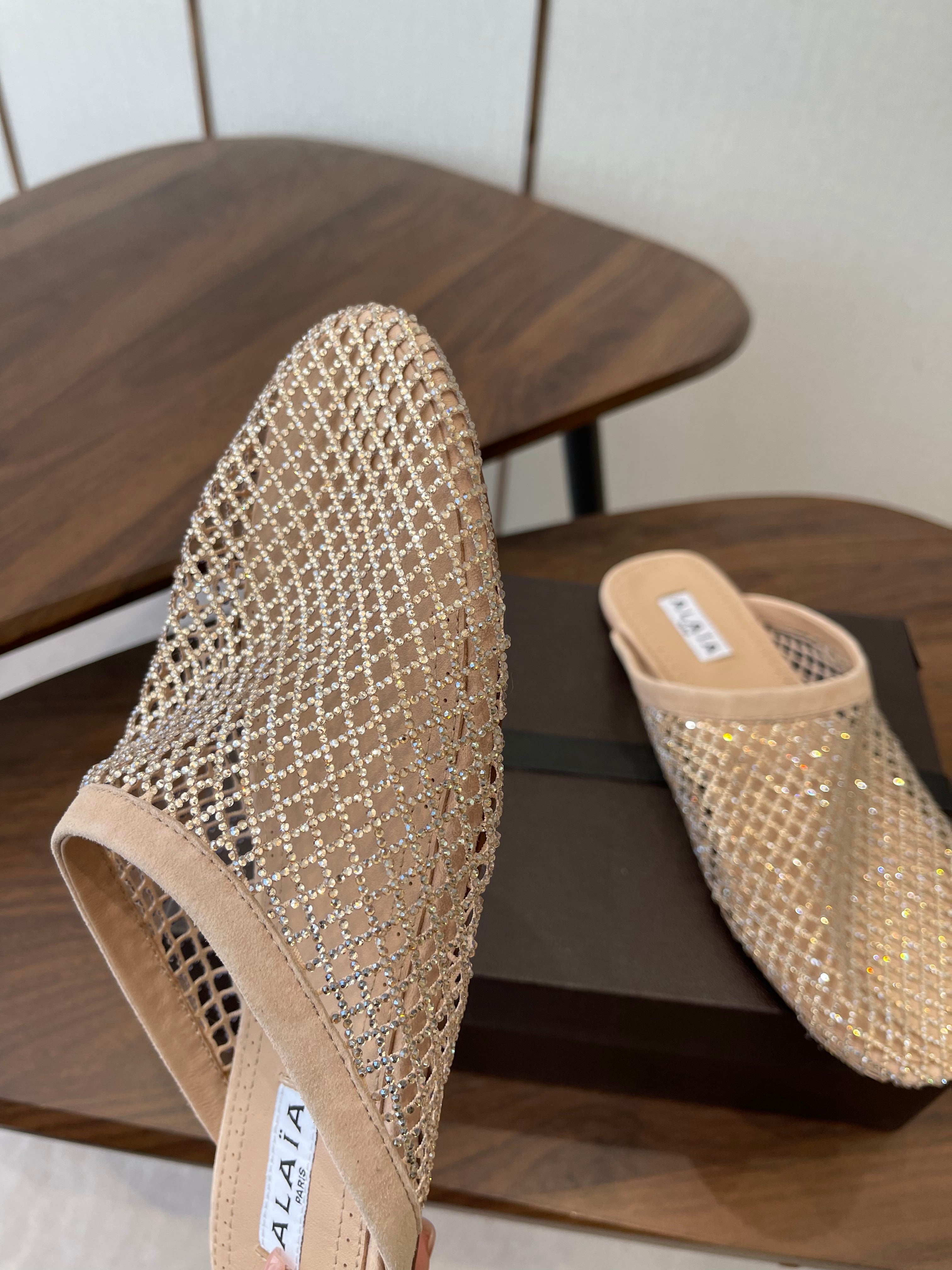 ALAIA 26S FLAT MULES IN BEIGE SUEDE AND MESH RHINESTONE-EMBELLISHED
