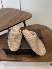 ALAIA 26S FLAT MULES IN BEIGE SUEDE AND MESH RHINESTONE-EMBELLISHED