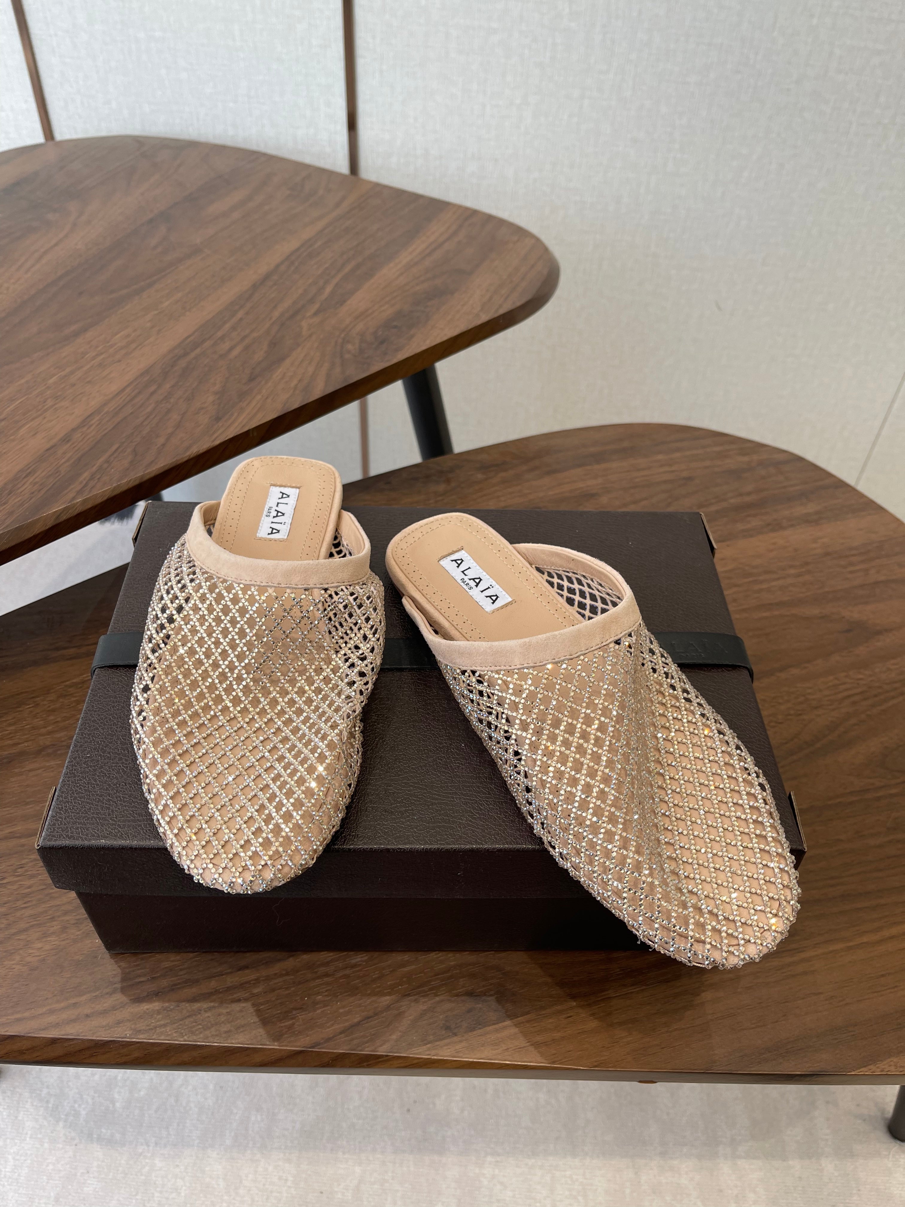 ALAIA 26S FLAT MULES IN BEIGE SUEDE AND MESH RHINESTONE-EMBELLISHED