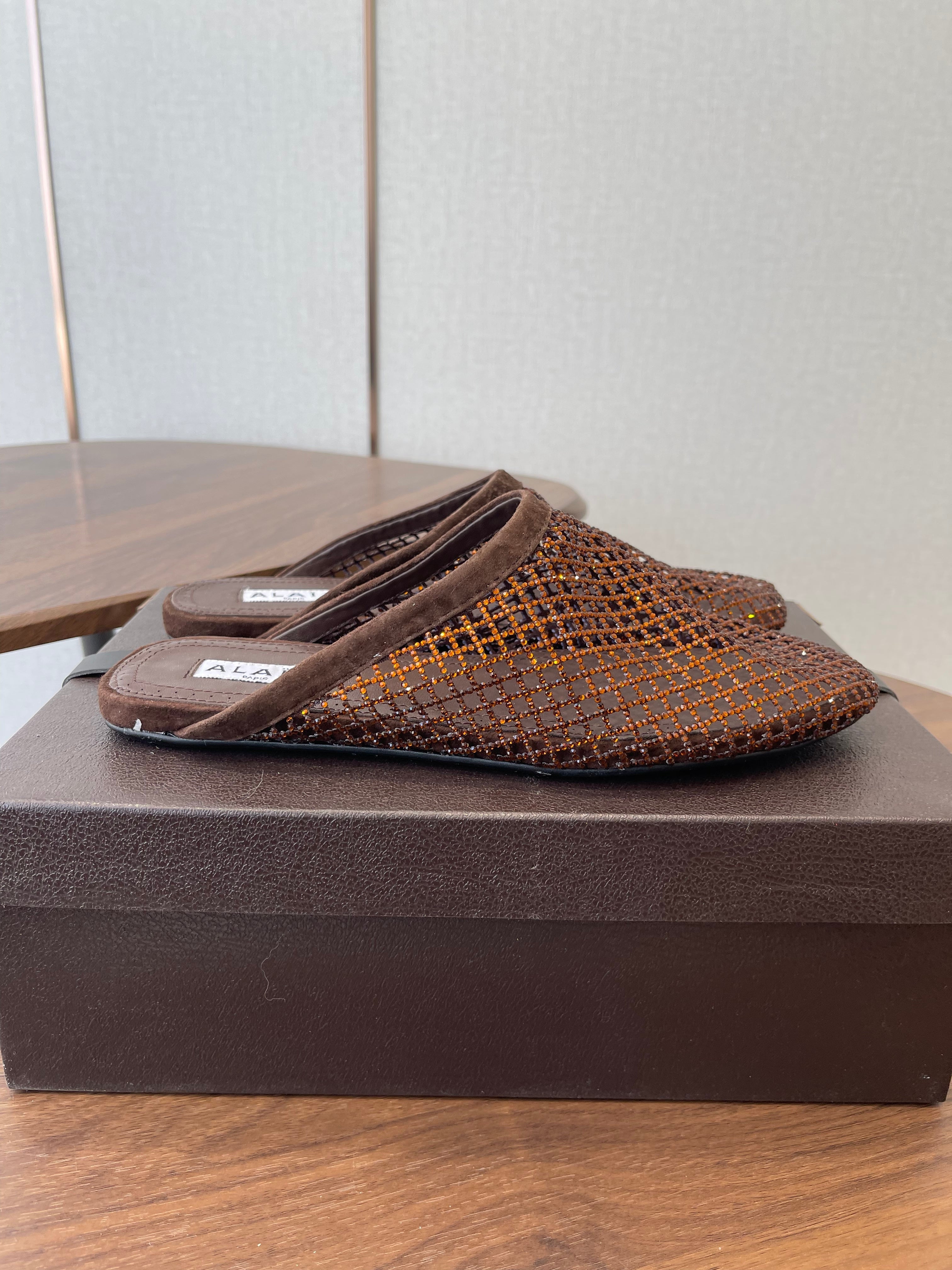 ALAIA 26S FLAT MULES IN DARK BROWN SUEDE AND MESH RHINESTONE-EMBELLISHED