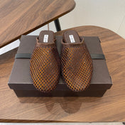 ALAIA 26S FLAT MULES IN DARK BROWN SUEDE AND MESH RHINESTONE-EMBELLISHED