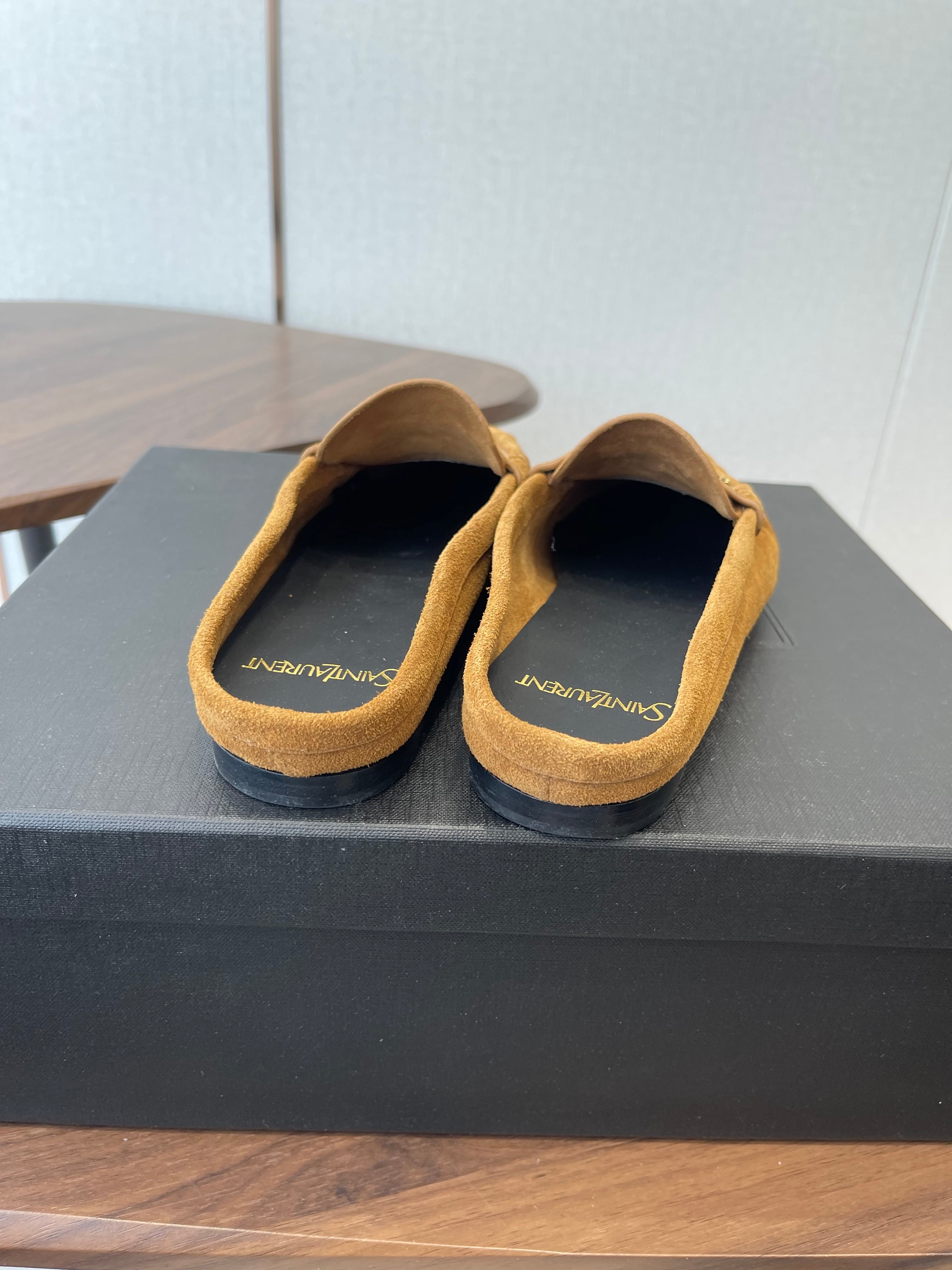 YSL 26S LOAFER MULES IN CAMEL BROWN SUEDE