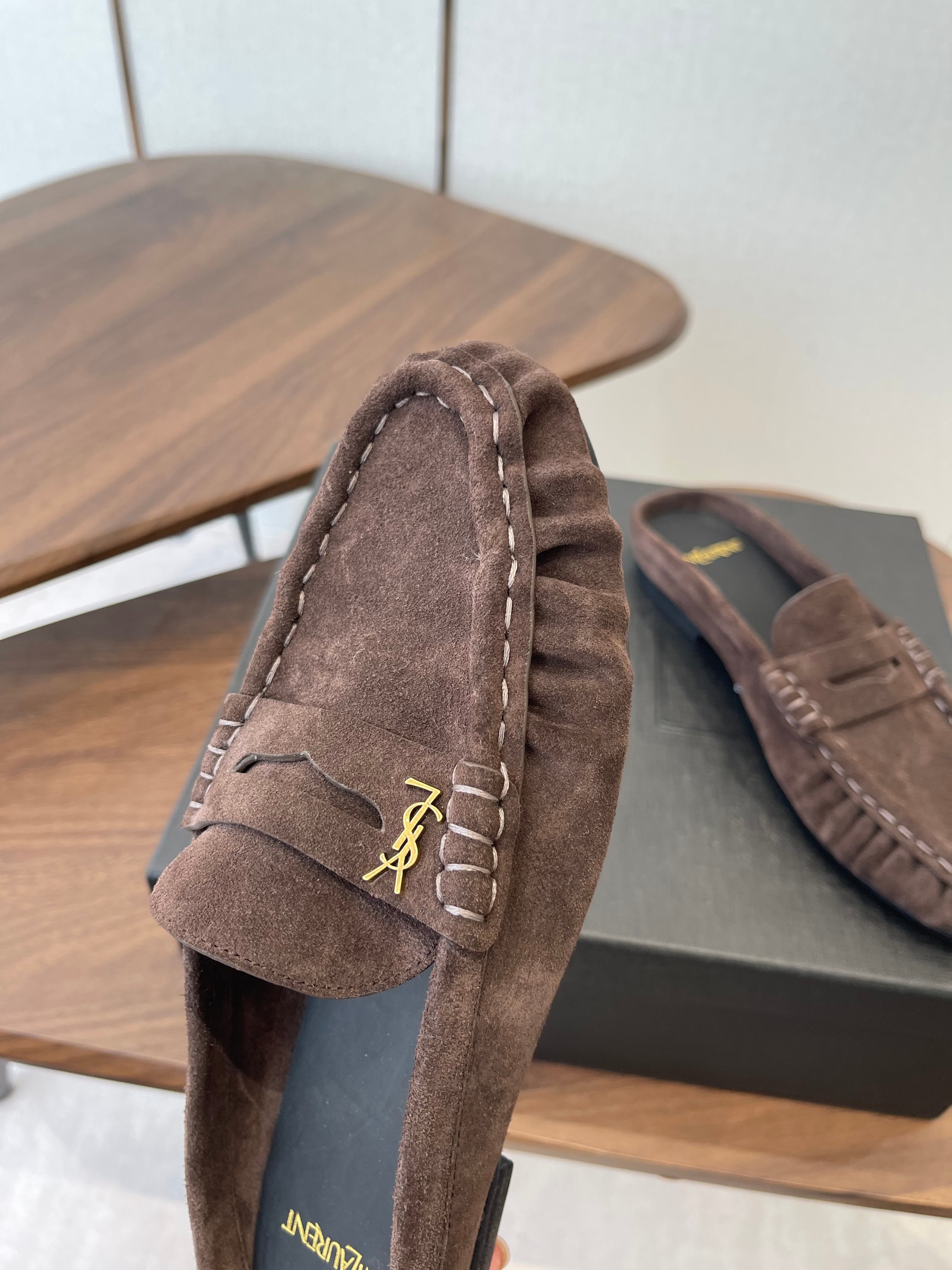 YSL 26S LOAFER MULES IN EARTH BROWN SUEDE
