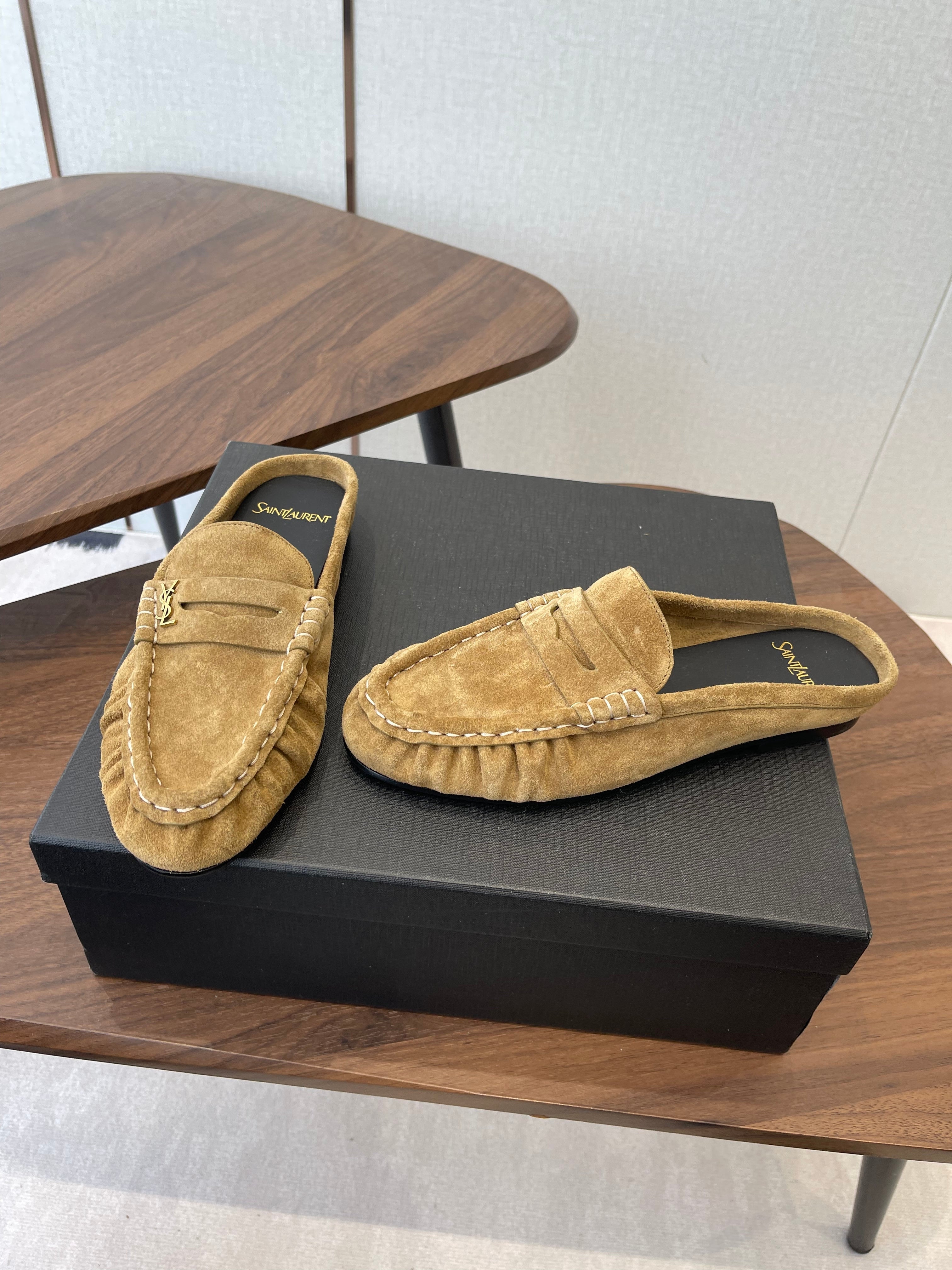 YSL 26S LOAFER MULES IN LIGHT BROWN SUEDE