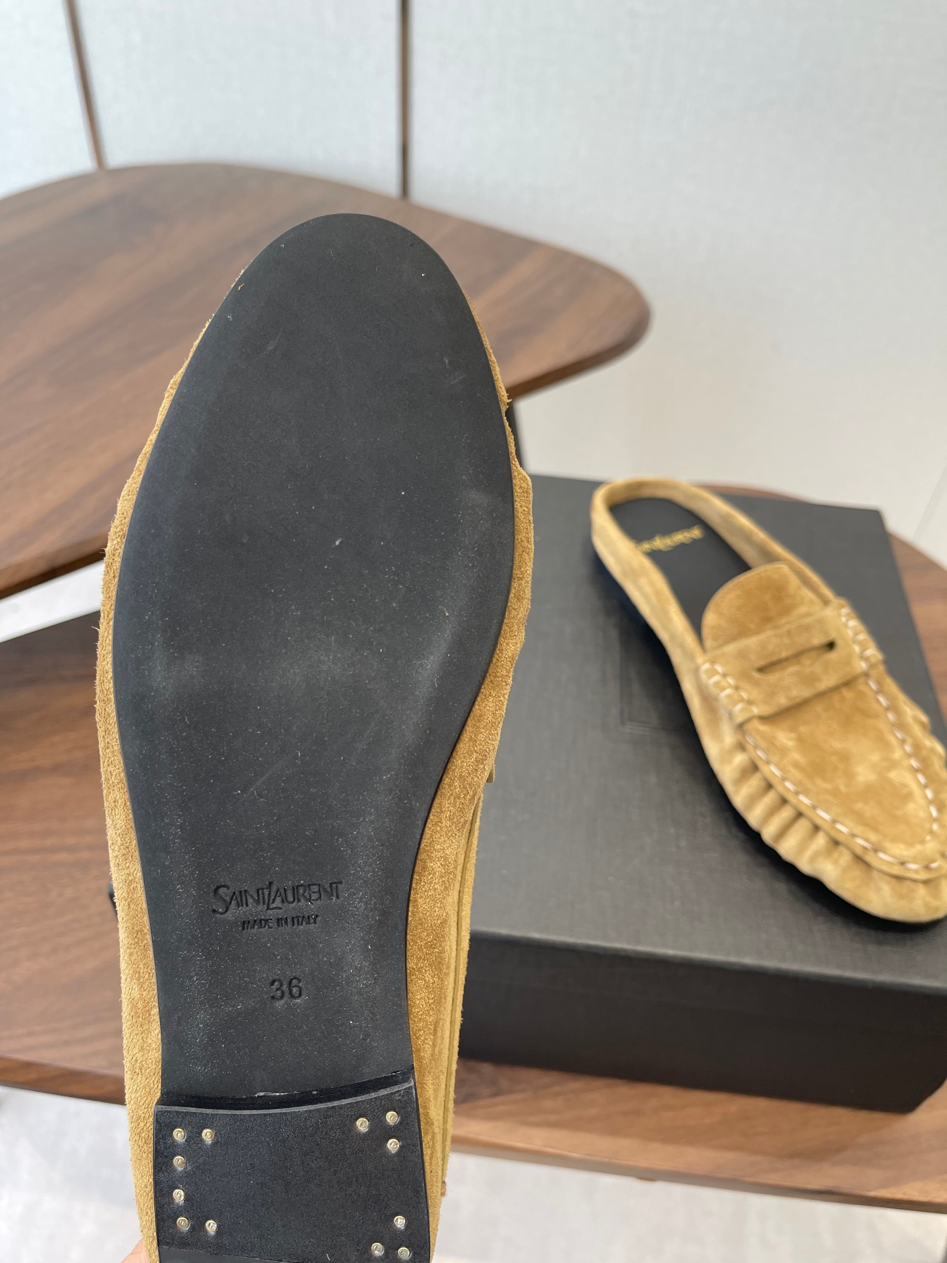 YSL 26S LOAFER MULES IN LIGHT BROWN SUEDE