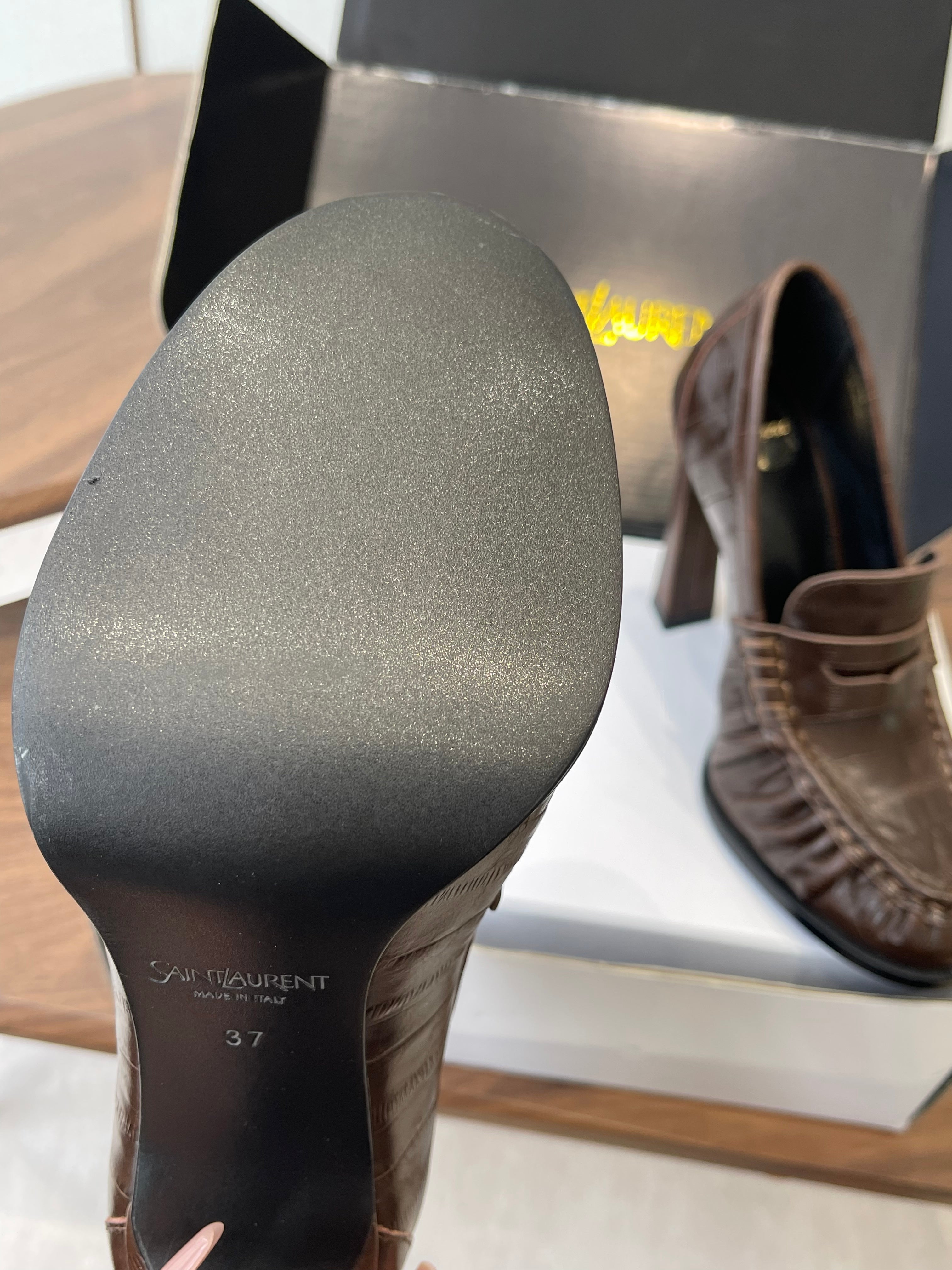 YSL 26S HEELED LOAFERS 100 MM IN DARK BROWN CALFSKIN