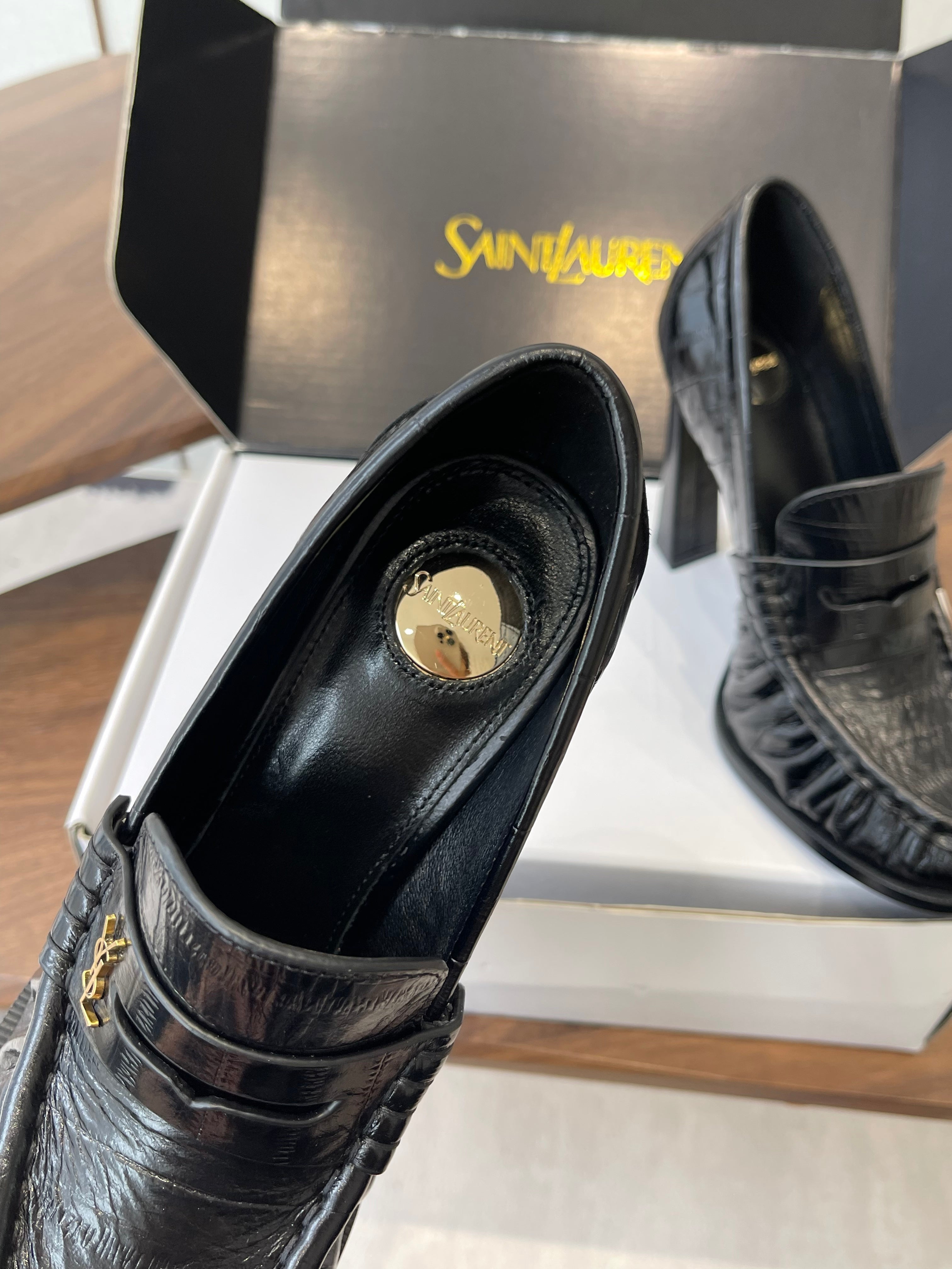 YSL 26S HEELED LOAFERS 100 MM IN BLACK SHINY CALFSKIN