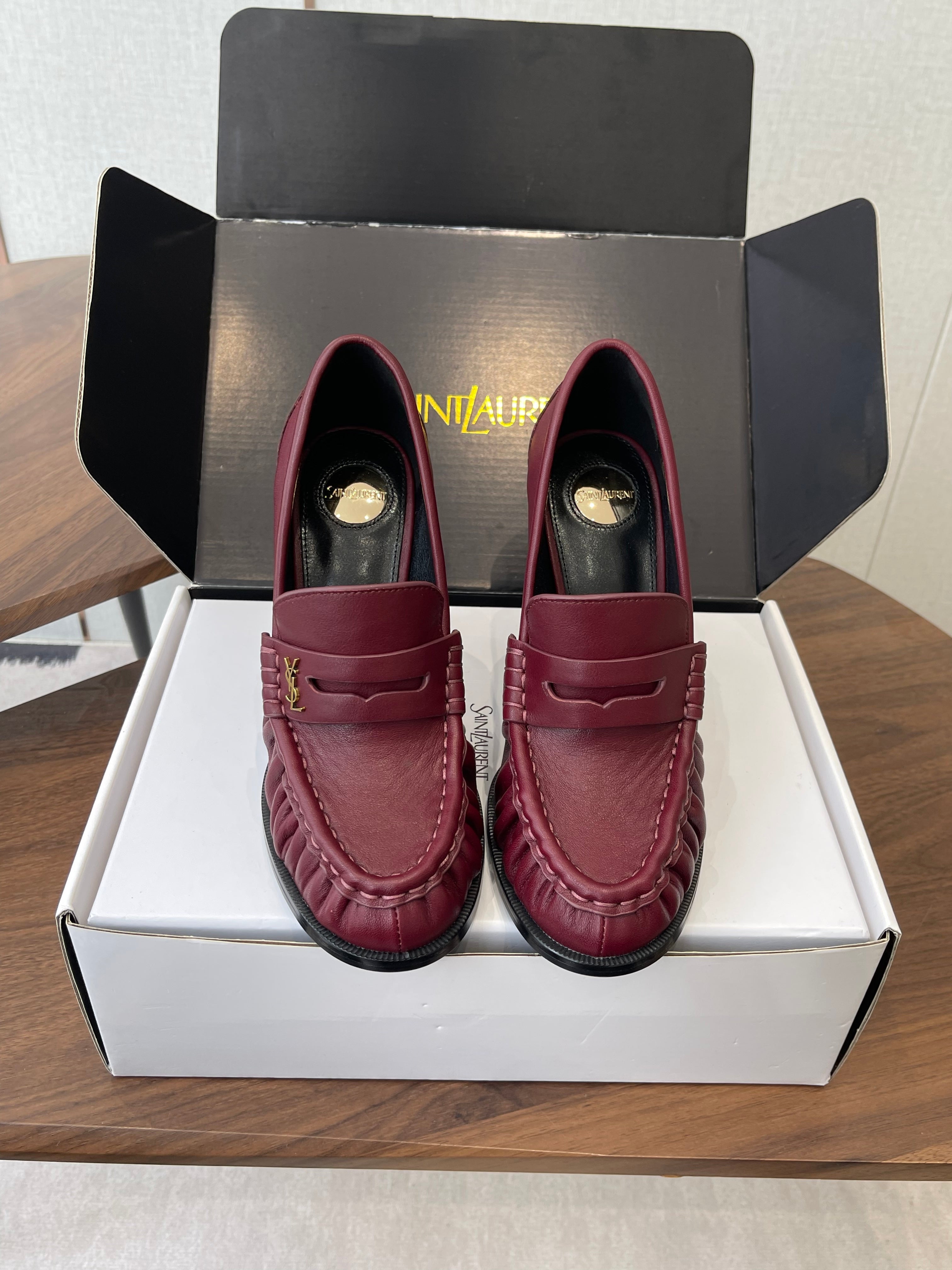 YSL 26S HEELED LOAFERS 100 MM IN DARK RED CALFSKIN