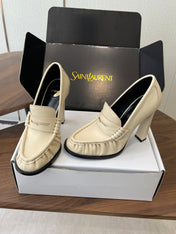 YSL 26S HEELED LOAFERS 100 MM IN SOFT OFF-WHITE CALFSKIN