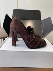 YSL 26S HEELED LOAFERS 100 MM IN WINE BROWN SUEDE