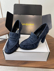 YSL 26S HEELED LOAFERS 100 MM IN DARK STEEL BLUE SUEDE